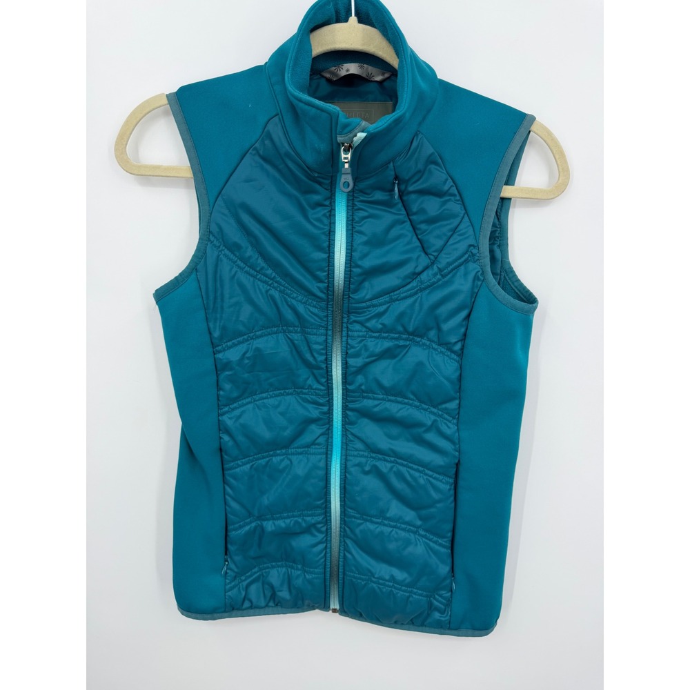 Athleta Quilted Hybrid‎ Puffer Vest Womens XS Teal Blue Embroidered Back 265291